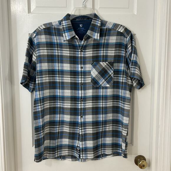 KUHL Shirt Mens L Blue White Plaid Short Sleeve Organic Cotton Outdoor Button Up - Picture 1 of 4